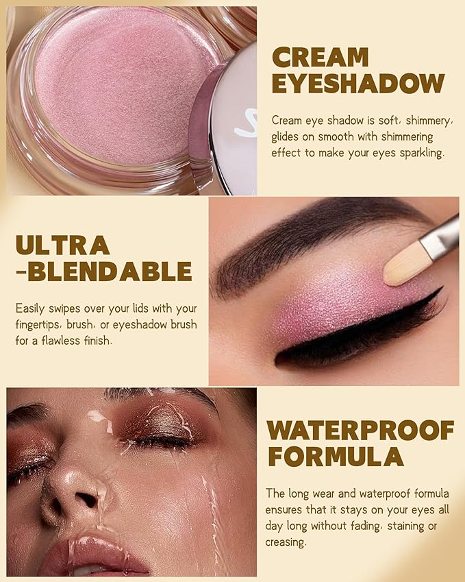 Shimmer Cream Eyeshadow, Ultra-Blendable Glitter Eye Shadow with Moisturizing Formula, Waterproof Long Lasting & Highly Pigmented, Single Creme Eyeshadow Metallic Highlighter Makeup for Women-05#Gold