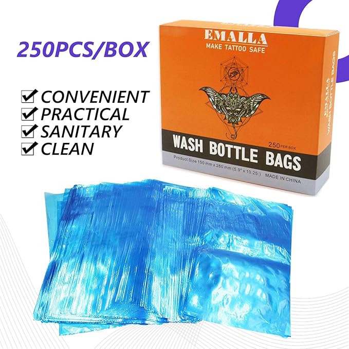 Tattoo Wash Bottle Bags 250pcs and 2pcs squeeze bottles (8oz x 2 Bottles) Tattoo Bottle Bags Covers Disposable Wash Bottle Bag Cover Squirt Bottle Tattoo Machine Bags Starter Kit