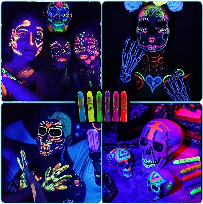 Glow In The Dark Body Paint, 6 PCS Glow In The Dark Under Uv Black Light Sticks Makeup Neon Face Painting Kits For Adult Halloween Festival Accessory Glow Party Supplies
