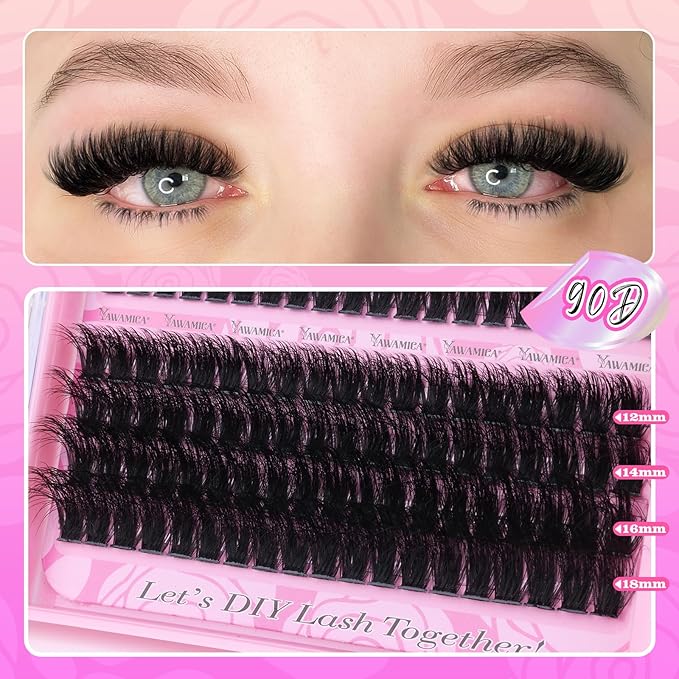 Yawamica Fluffier Eyelash Clusters Wispy Lash Extension 60D+80D+90D Thick Volume Individual Lashes 12-18mm Cluster Lashes D Curly Cluster Eyelash Extensions 240pcs DIY Lash by Self