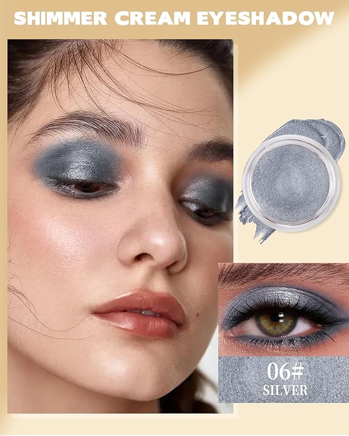 Shimmer Cream Eyeshadow, Ultra-Blendable Glitter Eye Shadow with Moisturizing Formula, Waterproof Long Lasting & Highly Pigmented, Single Creme Eyeshadow Pot Highlighter Makeup for Women-06#Sliver