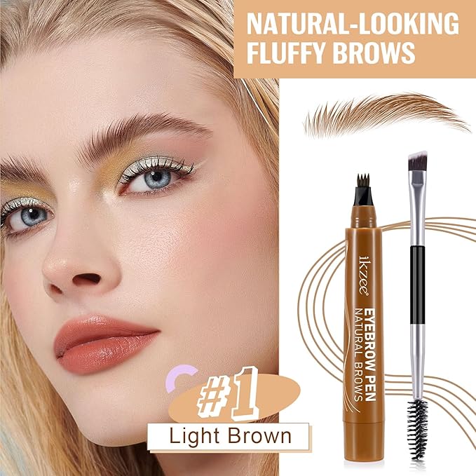 3D Microblading Eyebrow Pencil, 2024 New Waterproof Microblading Eyebrow Pencil Contouring Pen with 4 Fork Tip & Spoolie Brush, Precise Brush-Tip Create Natural Hair-Like Brows (#1 Light Brown)