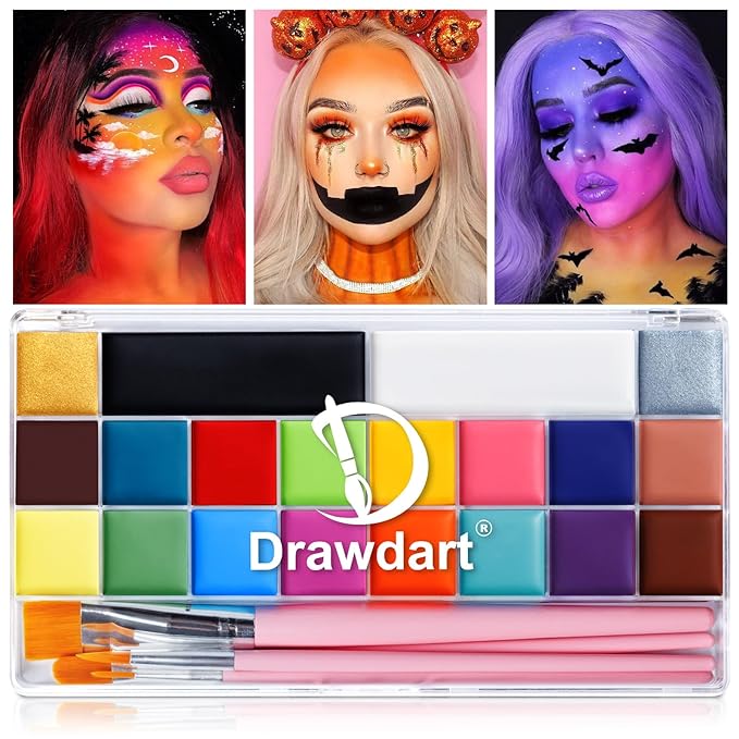 Face Body Paint Kit, 20 Colors Oil Based Painting Palette with 4 Professional Artist Brushes, Large Deep Pan Face Painting Kit Ideal for Halloween SFX Cosplay Costume Makeup