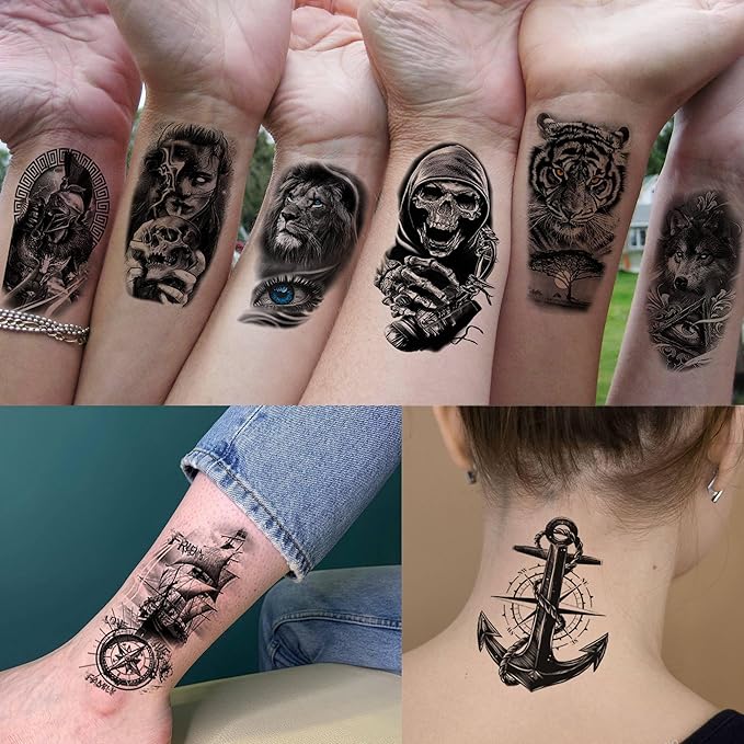 67 Sheets Black Gothic Temporary Tattoos For Men Women, Halloween Death Devil Evil Spirit Satan Fiend Demon Half Arm Sleeve Tattoo Stickers Scary Face Vampire Zombies, Prison Fake Tattoos For Adults