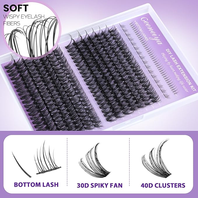 Geeneiya Bottom Lash Extension Kit Natural Cluster Eyelash Extension Kit DIY D Curl Lash Clusters Kit with Lash Bond and Seal Glue, Lash Applicator for Self Application at Home (30D+40D+BOTTOM)