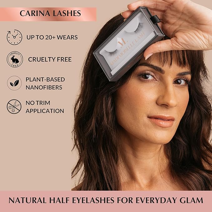 Natural False Lashes | Carina Half Eyelashes | Best False Lashes fo Beginners | Short Lashes Natural Look | Plant Based Fibers | Clear Band Lashes | No Trim Wispy Half Lashes | Small Lashes