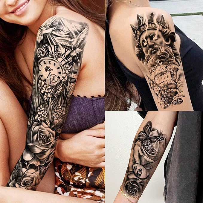 20 Sheets Full Arm Sleeve Temporary Tattoos For Men Women Thigh, Zeus God Lion Eagle Tiger Fake Tattoo Sleeve For Adults, Long Lasting Halloween Black Dragon Maori Tattoo Stickers Compass Rose Flower