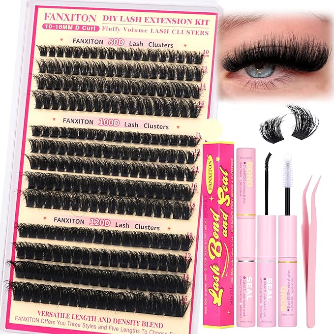Lash Clusters Kit Thick Lash Extension Kit D Volume Lash Clusters 80D+100D+120D Eyelash Clusters Kit 10-18mm Eye Lash Clusters Wispy Individual Lashes with Bond and Seal