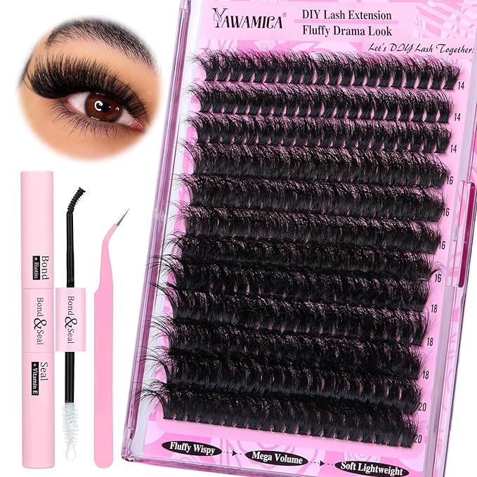 Yawamica Fluffier Lash Extension Kit Thick 200D Volume Eyelash Extension Kit 14-20mm Wispy Lash Clusters Kit D Curly Individual Lashes with Bond and Seal lash Tweezers DIY Cluster Eyelash Extensions