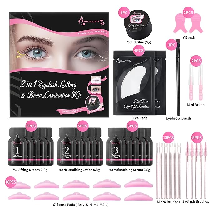 Beauty7 Upgraded 2 in 1 Lash Lift& Eyebrow Lamination Kit Eyelash Balm Lash Perm Kit Eyelash Lifting Lash Curling Semi-Permanent Curling Perming Wave Professional Salon at Home