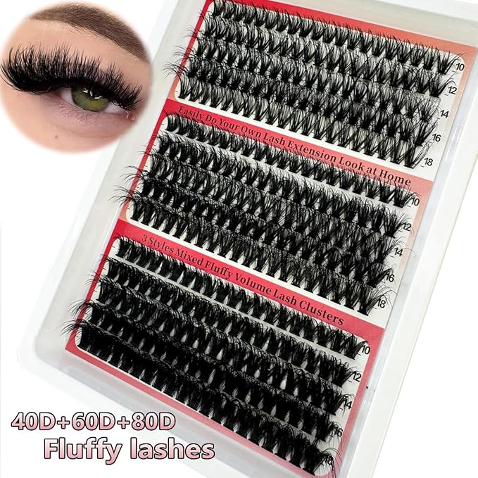 HBZGTLAD Fluffy Cluster Lashes 40D60D80D100D120D Natural Thick Eyelash Clusters D Curl Individual Lashes DIY Eyelashes Extension (300pcs 40+60+80D)