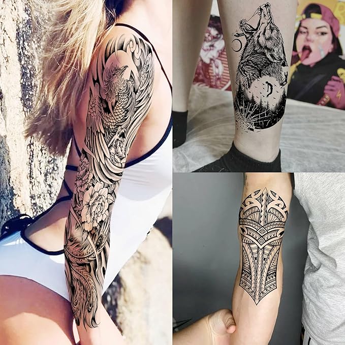 20 Sheets Sexy Phoenix Full Arm Temporary Tattoos For Men Adults, Wolf Skull King Dove Peace Rose Flower Fake Tattoo Sleeve For Women, 3D Black Maori Cross Wolf Halloween Sleeve Tattoo Stickers Coyote