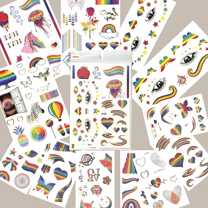 107PCS Artist-Designed Temporary Tattoos – LGBTQ+ Pride Fake Tattoos, Glitter Stickers for Adults, Festival Accessories & Fiesta Party Favors Kit