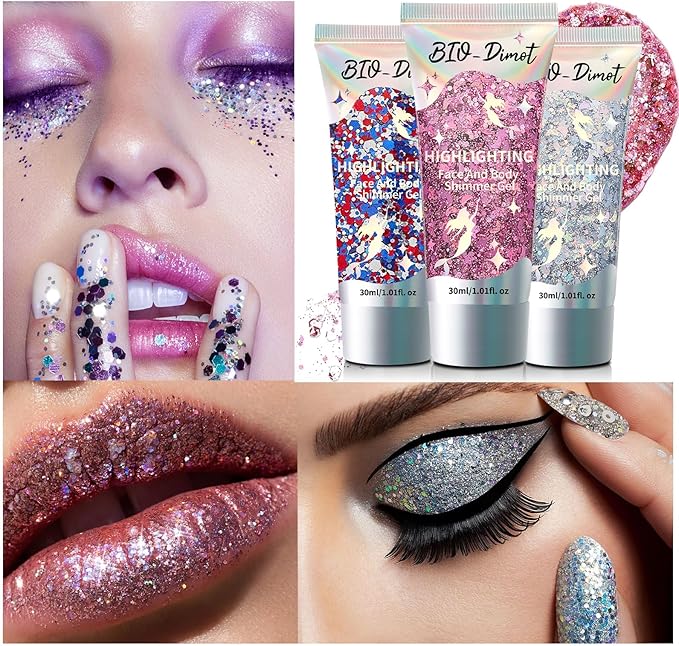 Body Face Chunky Glitter Gel - Face Sparkles Glitter Gel Makeup for Singer Concerts Disco Festival Rave Accessories 30ml Chunky Sequins Mermaid Face Body Hair Glitter Gel (White&Silver&Pink)