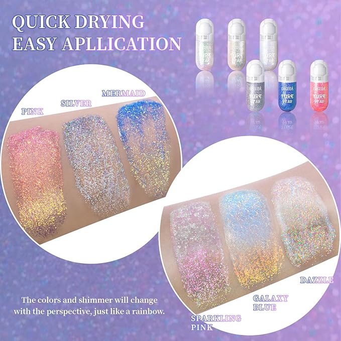 DAGEDA 2Colors Roll-on Body Glitter Gel for Body, Hair, Face, Holographic Glitter Makeup for Rave Accessories, Body Shimmer Hair Glitter Gel for Halloween Makeup(Pink + Ocean Glow)