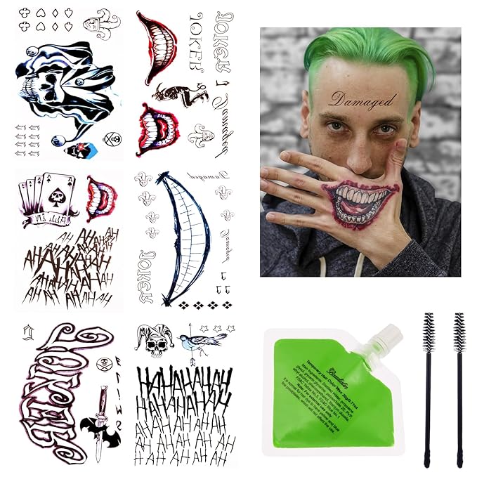 Joker Temporary Tattoos and Hair Color - 6 Sheets Joker Fake Tattoos and 20g Temporary Green Hair Color Wax Set for Halloween, Parties and Cosplay, 2 Black Eyebrow Brushes