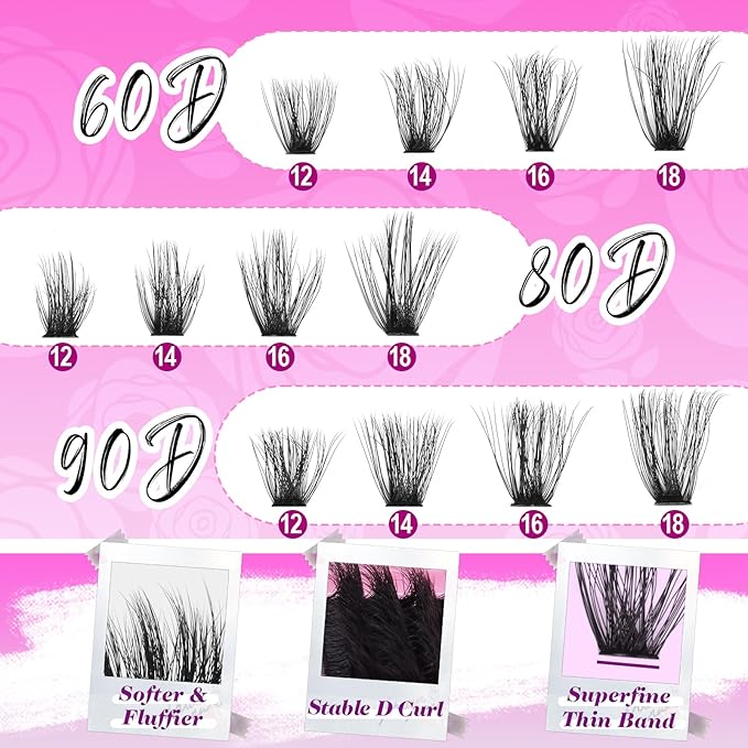 Yawamica Fluffier Eyelash Clusters Wispy Lash Extension 60D+80D+90D Thick Volume Individual Lashes 12-18mm Cluster Lashes D Curly Cluster Eyelash Extensions 240pcs DIY Lash by Self