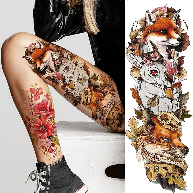 20 Sheets Sexy Rose Flower Full Arm Temporary Tattoos For Women Thigh, Lion Wolf Owl Fox Nun Girl Fake Tattoo Sleeve For Adults, Watercolor Floral Blossom Peacock Halloween Sleeve Tattoo Stickers