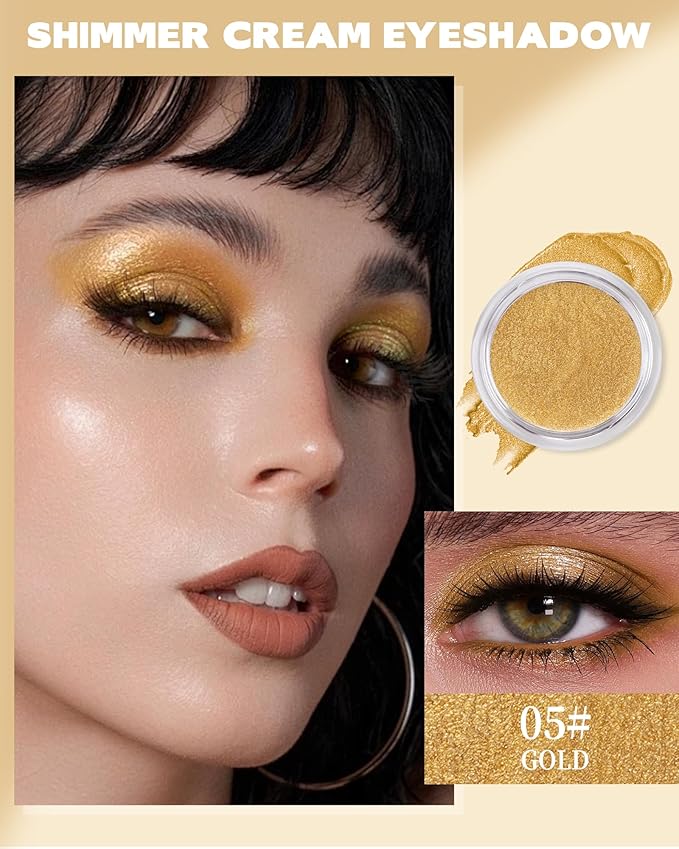 Shimmer Cream Eyeshadow, Ultra-Blendable Glitter Eye Shadow with Moisturizing Formula, Waterproof Long Lasting & Highly Pigmented, Single Creme Eyeshadow Metallic Highlighter Makeup for Women-05#Gold