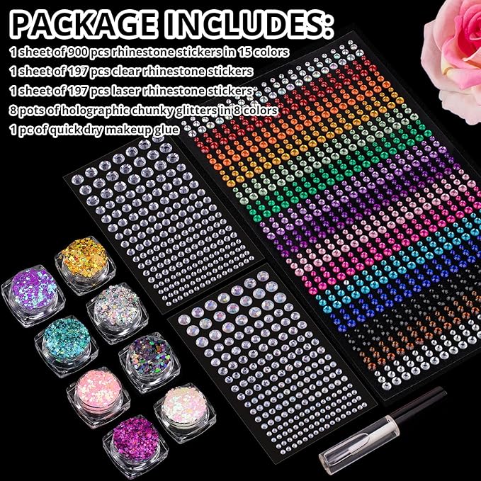 Rainbow Face Gem Stickers and Chunky Glitter Set 9, 1294 Pcs 3-6mm Rhinestones and 8 Pots Chunky Glitter, With Glue for Makeup Eyes Hair Body Nails, Crafts and Decorations