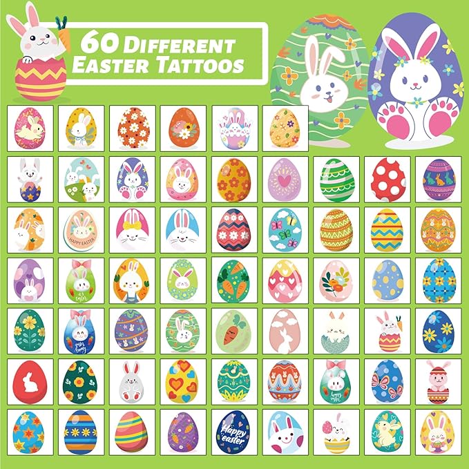 winthrop 240 Pcs Bulk Easter Temporary Tattoos for Kids, Waterproof Safety Individually Wrapped Tattoos Stickers, Best Choice for Easter Basket Stuffers, 60 Different Designs Bunny Egg Chicken