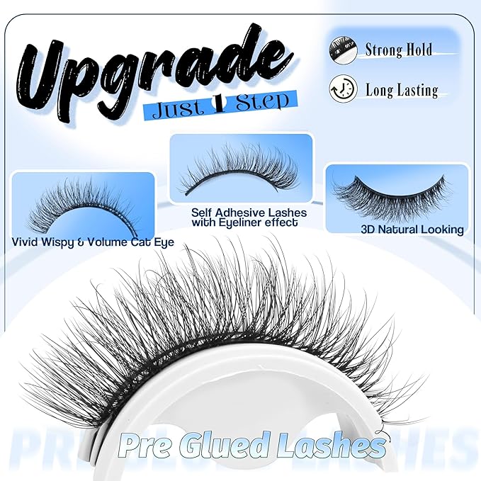 Natural Self Adhesive Eyelashes Pre Glued Lashes Cat Eye Reusable Self Adhesive Lashes No Glue Needed Press On Lashes without Eyeliner D-curly Wispy Strip False Eyelashes Natural Look by YDAGKH
