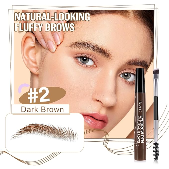 3D Microblading Eyebrow Pencil, 2024 New Waterproof Microblading Eyebrow Pencil Contouring Pen with 4 Fork Tip & Spoolie Brush, Precise Brush-Tip Create Natural Hair-Like Brows (#2 Dark Brown)