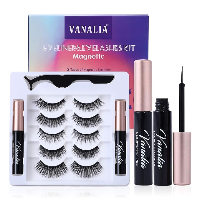 Magnetic Eyelashes with Eyeliner,Magnetic Eyelashes and Lashes Kit,3D 5D False Lashes, 5 Pairs with Tweezers, Easy to Wear-No Glue Needed