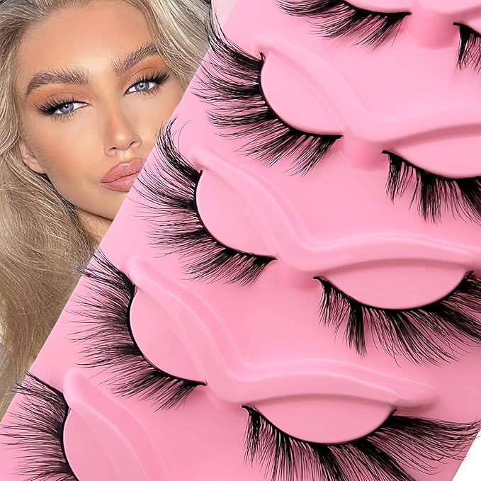Fox Eye Lashes Wispy Eyelashes 21mm Long Cat-Eye Lashes Angel Wing Lashes Faux Mink False Eyelashes Natural Look 5 Pairs pack(XF03)