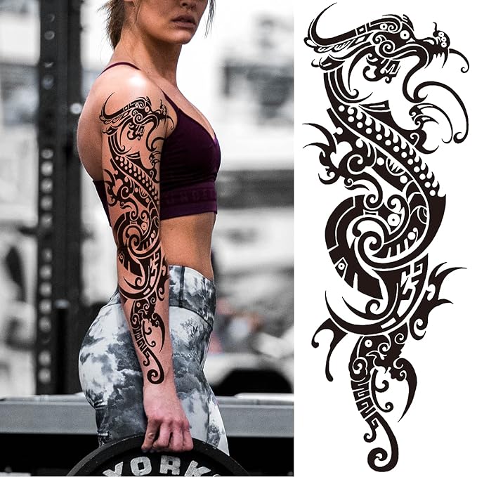 Totem Fake Tattoos Sleeve For Men Women, Full Arm Tribal Polynesian Temporary Tattoo Sleeves Adult, Large Black Hawaiian Viking Dragon Temp Tatoo Sticker Leg Body Art Makeup, 8-Sheet