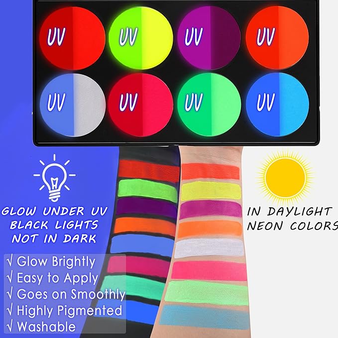 CCbeauty Large UV Glow Face Body Paint Palette, 8 Neon Glow In BlackLights Painting Kit, Water Activated Eye Liner, Safe Washable for Kids Adult, Halloween Costume Masquerades Club Makeup + 10 Brushes