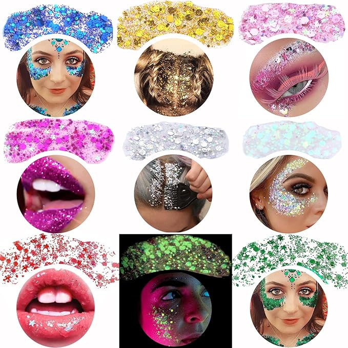 Face Glitter Gel, 2 Jars Holographic Chunky Glitter Makeup for Body, Hair, Face, Nail, Eyeshadow, Long Lasting and Waterproof Mermaid Sequins Liquid Glitter Total 6 Colors Available (Silver & White)