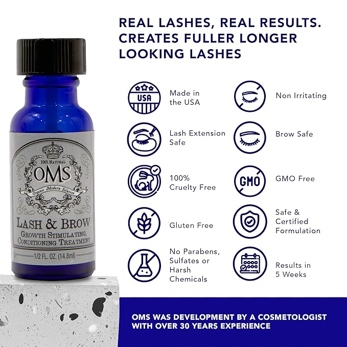 OMS Natural Eyelash Growth Serum - Premium Eyelash Enhancing Formula with Castor Oil & Batana Oil Organic - Thicker, Longer Lashes and Eyebrows in 5 Weeks, 8-12 Month Supply - Made in USA (15ml)