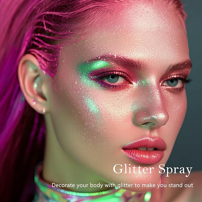Pink Body Glitter Spray - Holographic Shimmer Spray Powder Sparkle for Hair and Body, Face, Clothes, Nail Art Crafts Design, Halloween and Easter Festival Makeup