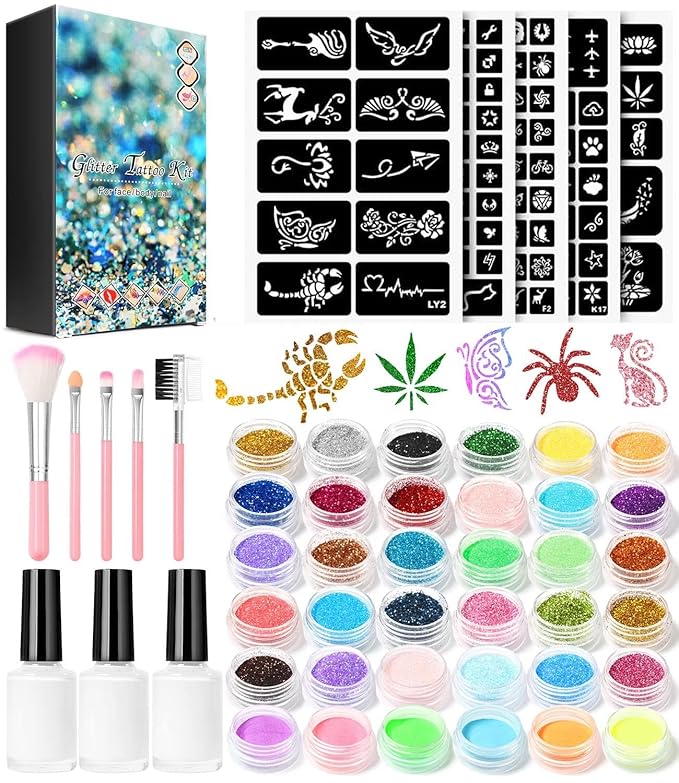 Temporary Glitter Tattoo Kit for Kids makeup,30 Body Glitter,3 Glitter Glue,5 Sheets Tattoos Stencil,5 Pcs Makeup Brush,6 Fluorescent Powder,Rhinestone Stickers,Holiday,Party,Nail Art