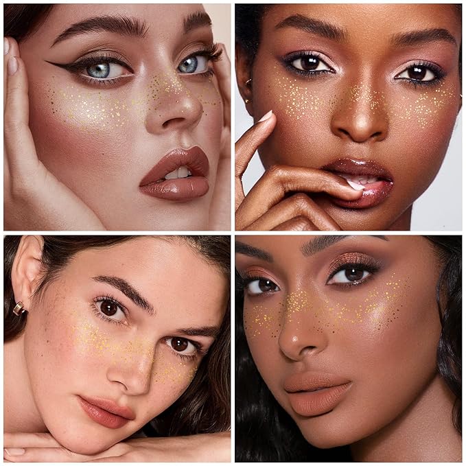 6 Sheets Gold Glitter Freckles Face Tattoo, Sparkle Freckles, Gold Face Speckles Patches, Face Glitter Makeup Patches, Waterproof Face Glitter Patches for Women Girls