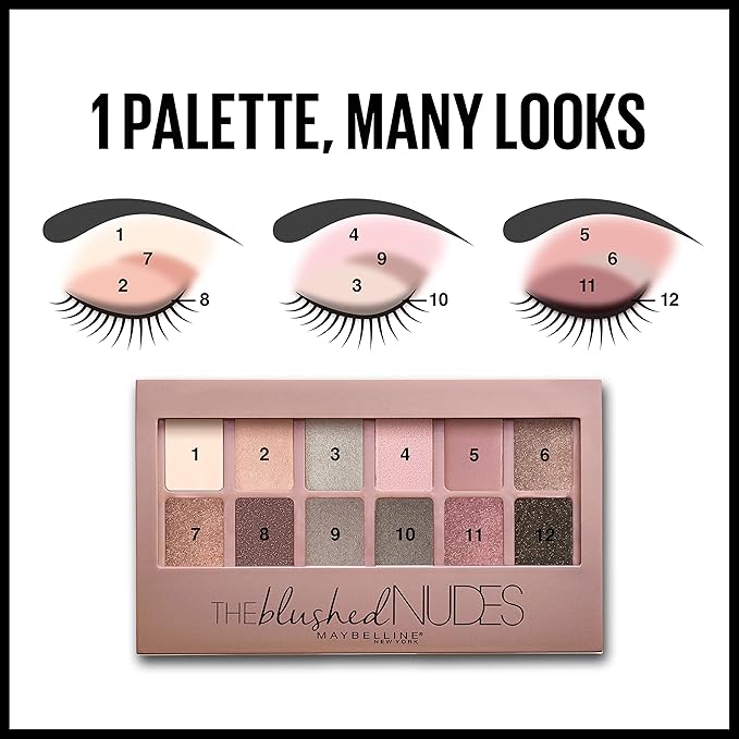 Maybelline The Blushed Nudes Eyeshadow Palette Makeup, 12 Pigmented Matte & Shimmer Shades, Blendable Powder, 1 Count