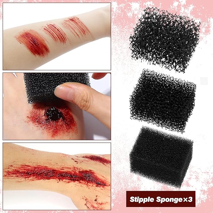 Halloween SFX Makeup Kit, Halloween Special Effects Wound Modeling, Scar Wax with Spatula, Fake Blood, Coagulated Blood Gel, Spirit Gum, Extension Oil, Stipple Sponge for Halloween Cosplay Makeup