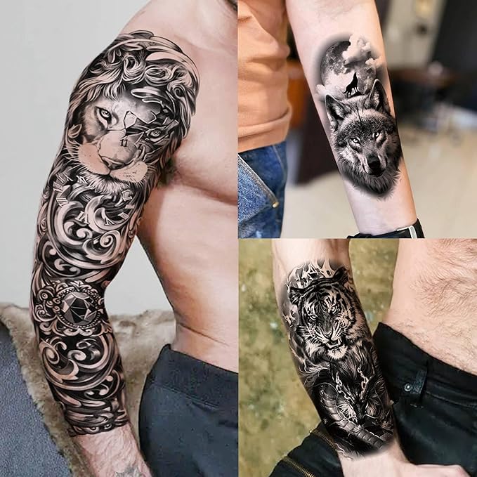 20 Sheets Full Arm Sleeve Temporary Tattoos For Men Women Thigh, Zeus God Lion Eagle Tiger Fake Tattoo Sleeve For Adults, Long Lasting Halloween Black Dragon Maori Tattoo Stickers Compass Rose Flower