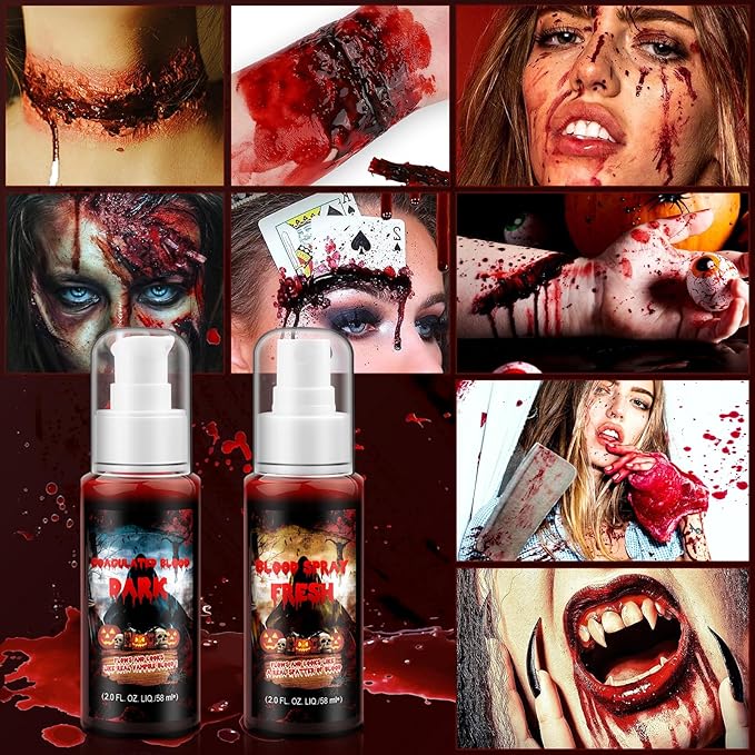 2PCS Halloween Fake Blood Makeup Kit, 2 oz Washable Fake Coagulated Blood +Fake Blood Spray, Special Effects Sfx Makeup, Realistic Fake Blood for Zombie, Vampire, Monster, Scary Clown Makeup