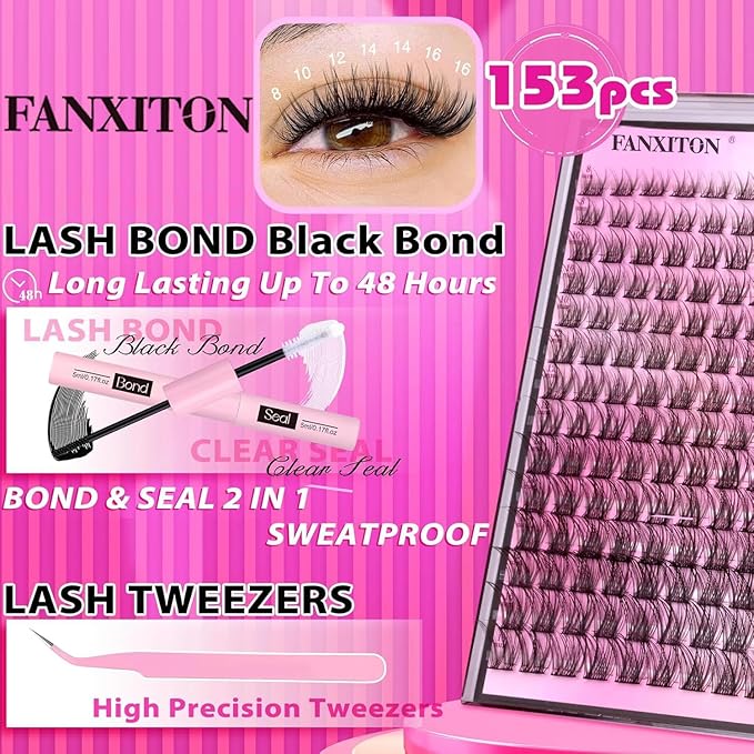 DIY Lash Extension Kit Natural Look Wispy Lash Clusters D 154 pcs Lashes Clusters 8-16 mm Eyelash Extension Kit Lash Bond and Seal Lash Tweezers Individual Lashes Lash Cluster Kit For Beginners