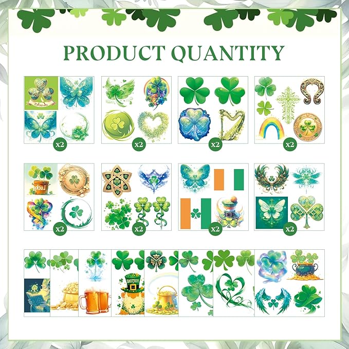 St. Patrick's Day Shamrock Decorations Temporary Tattoos & Face Stickers, Waterproof Saint Patrick's Day Clover Tattoos Art Make up Deco Irish Party Favors