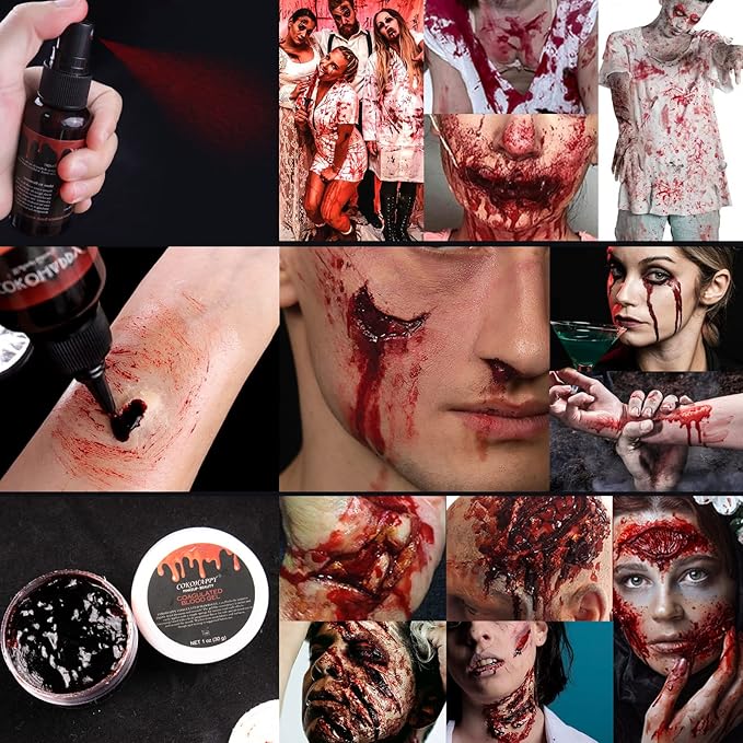 COKOHAPPY 4PCS Fake Blood Kit Halloween Makeup - Coagulated Blood 1.05oz + Fake Blood Spray 1.76oz + Stage Blood 1.76oz, Realistic Washable Special Effects SFX Makeup Set, for Zombie Vampire Monster