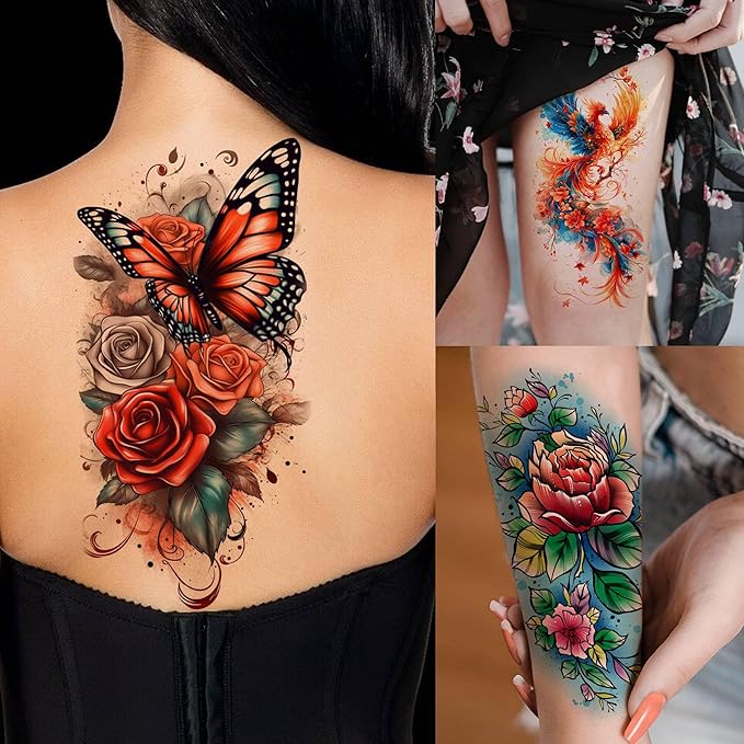 70 Sheets Watercolor Raccoon Phoenix Temporary Tattoos For Women Girls Adults, Water Color Tiger Lion Rose Flower Half Arm Sleeve Tattoo Stickers Peony Floral, Waterproof Fake Tattoos Butterfly Skull