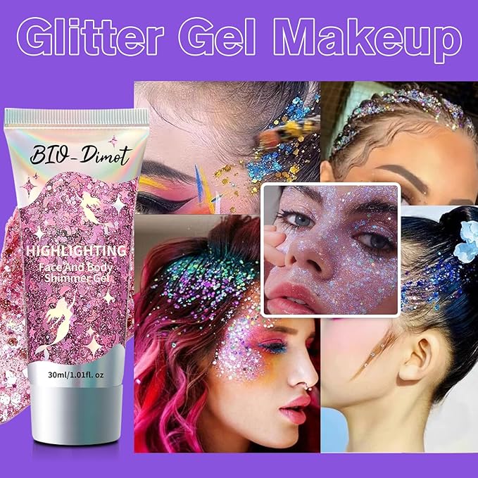 Body Face Chunky Glitter Gel - Face Sparkles Glitter Gel Makeup for Singer Concerts Disco Festival Rave Accessories 30ml Chunky Sequins Mermaid Face Body Hair Glitter Gel (White&Silver&Pink)