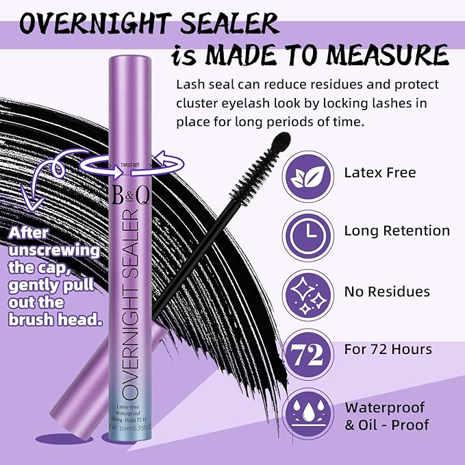 B&Q LASH Lash Seal 10ml Overnighter Lash Sealer for Cluster Lashes Waterproof Lash Sealant for Eyelash Extension Lash Extension Sealant Long Lasting Lock the Lash Bond (Black Seal 10ml)