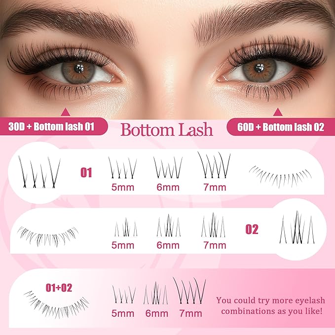 Lash Clusters - Lash Clusters with Bottom Lashes Lash Clusters Lash Extension Kit 30D40D50D60D Fluffy Wispy EyeLash Clusters D Curl No Adhesives Included