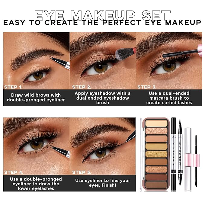 All in One Eye Makeup Kit -9 Colors Naked Eyeshadow with Brush, 2 in 1 Lower Lash & Eyebrow Pen, Mascara, Daily Eye Cosmetics Set for Beginner Everyday Eye Makeup Gift for Women Teens Girls