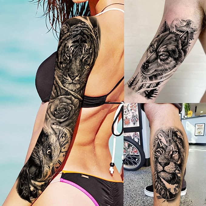20 Sheets Large Tiger Full Arm Temporary Tattoos For Women, 8 Sheets Full Sleeve Tattoos For Men Tiger Lion Eagle Owl Compass Flower, 12 Sheets Half Arm Tattoo Sleeve For Adults Ship Skull
