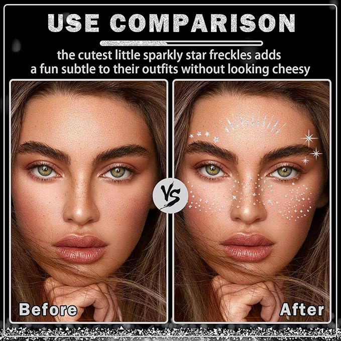 20 Sheets Glitter Freckles Face Tattoo Silver Glitter Freckles Temporary Face Tattoos Makeup Patches,Face Glitter Patches,Face Glitter Freckles Tattoos for Women